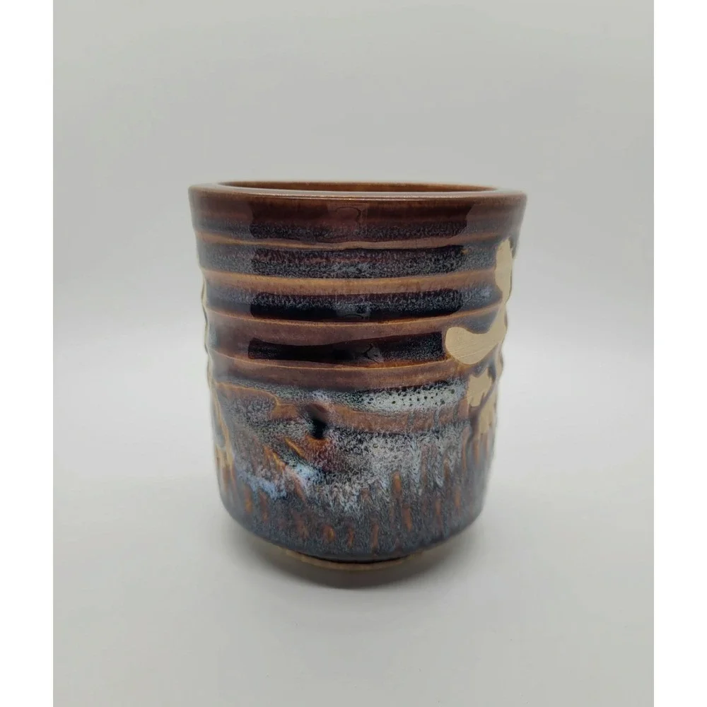 Japanese Ceramic Yunomi Tea Cup Brown Blue Tenmoku Glaze Kanji Calligraphy 4